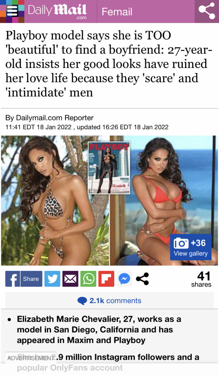 Playboy model Elizabeth Marie Chevalier beneath a headline that reads "Playboy model says she is TOO ‘beautiful' to find a boyfriend: 27-year-old insists her good looks have ruined her love life because they 'scare' and ‘intimidate' men"