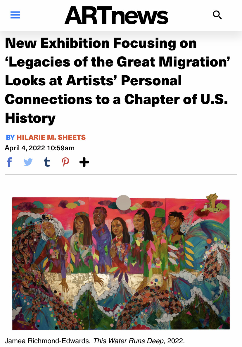 painting by Jamea Richmond-Edwards of various black figures lined up beneath a headline that reads "New Exhibition Focusing on ‘Legacies of the Great Migration’ Looks at Artists’ Personal Connections to a Chapter of U.S. History"