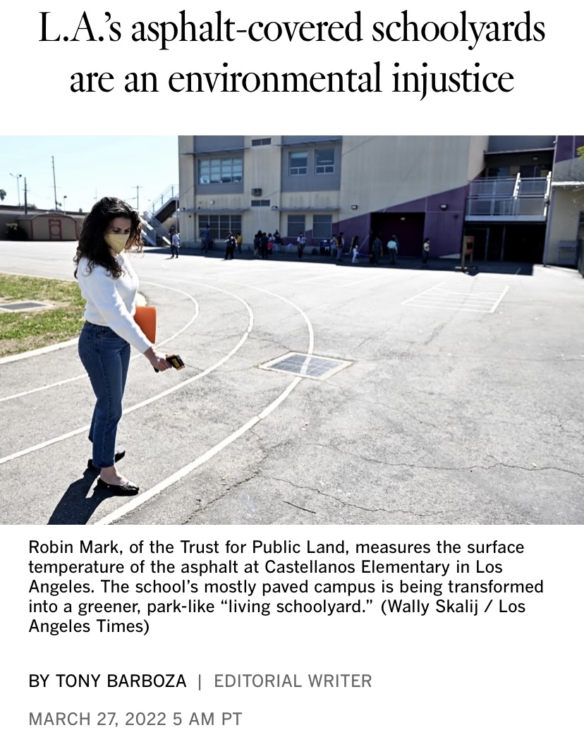 woman in a face mask using a laser thermometer to read the temperature of the asphalt in a school playground above a headline that reads "L.A.’s asphalt-covered schoolyards are an environmental injustice"