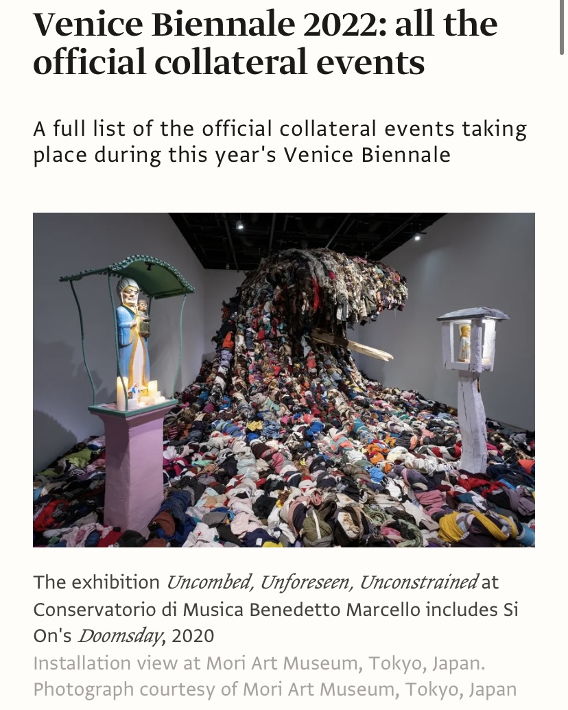 an art installation of a wave beneath a headline that reads "Venice Biennale 2022: all the official collateral events"