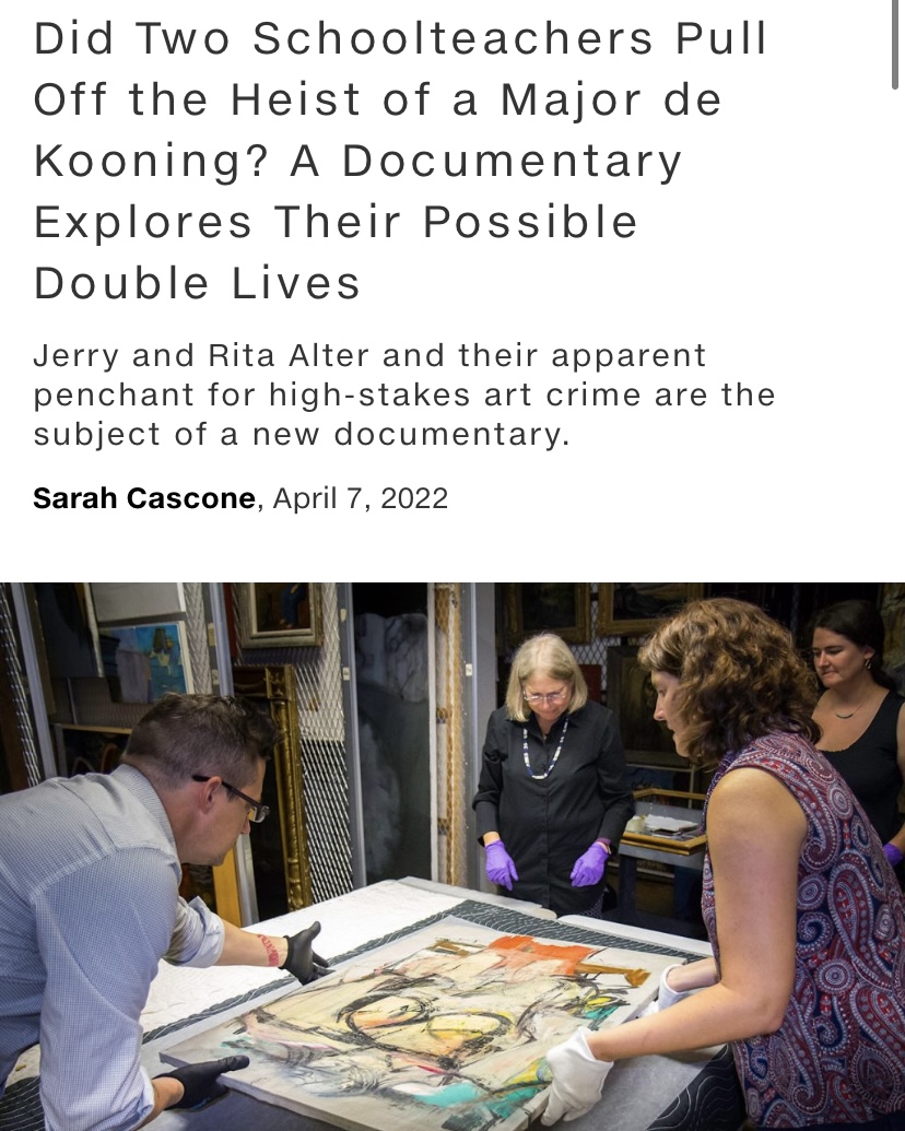 a group of conservators carefully handling a de Kooning painting beneath a headline that reads "Did Two Schoolteachers Pull Off the Heist of a Major de Kooning? A Documentary Explores Their Possible Double Lives"