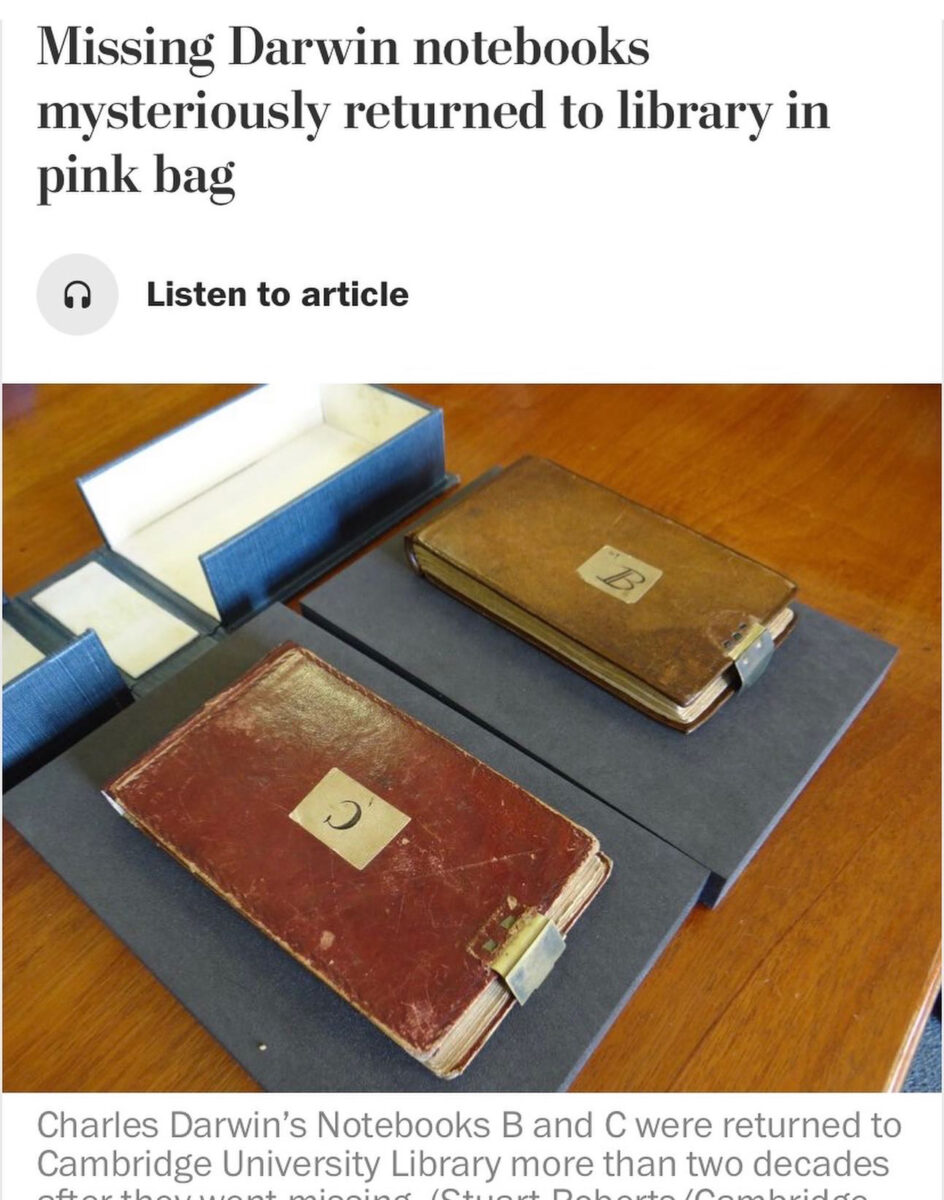 two old looking notebooks marked B and C beneath a headline that reads "Missing Darwin notebooks mysteriously returned to library in pink bag"