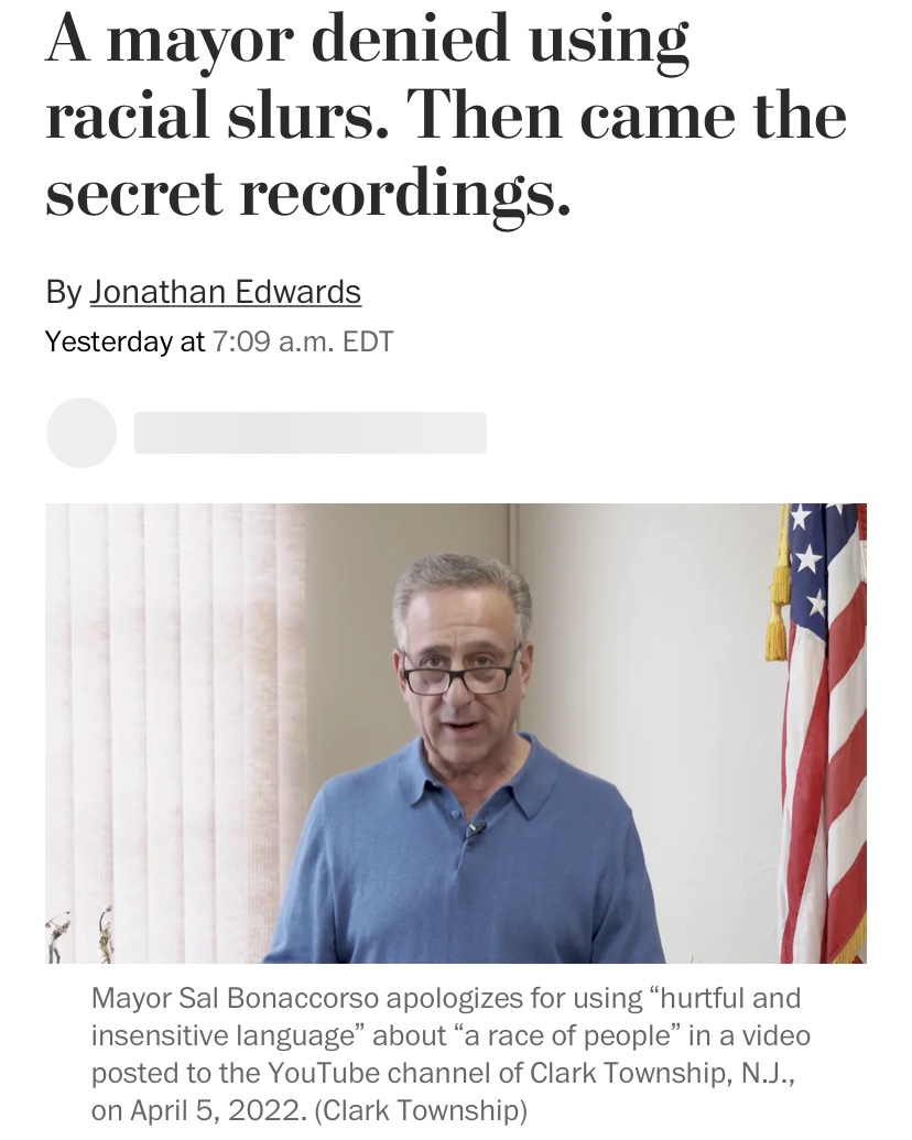 ex-Mayor Sal Bonaccorse beneath a headline that reads "A mayor denied using racial slurs. Then came the secret recordings"