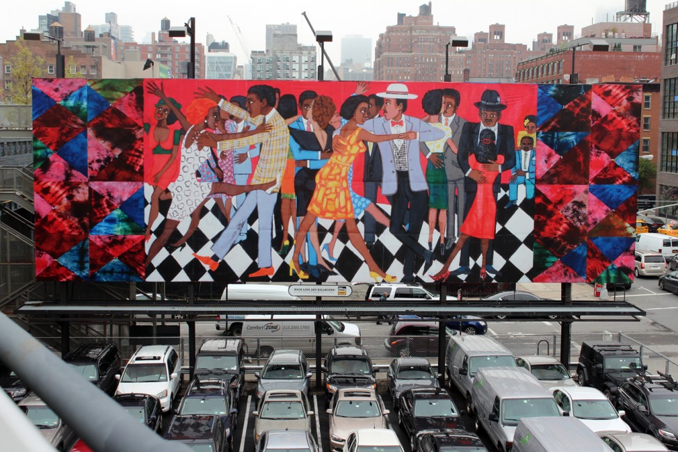 public art billboard of "Groovin' High" by artist Faith Ringgold installed near the High Line in New York City