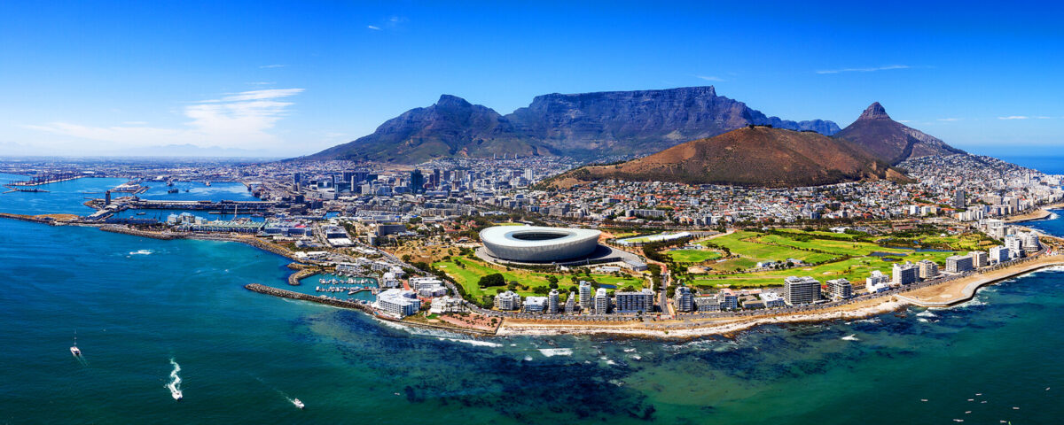 Fantastic aerial shot of the Cape Town Coast line, including, Table Mountain, the stadium, Lions head and the waterfront