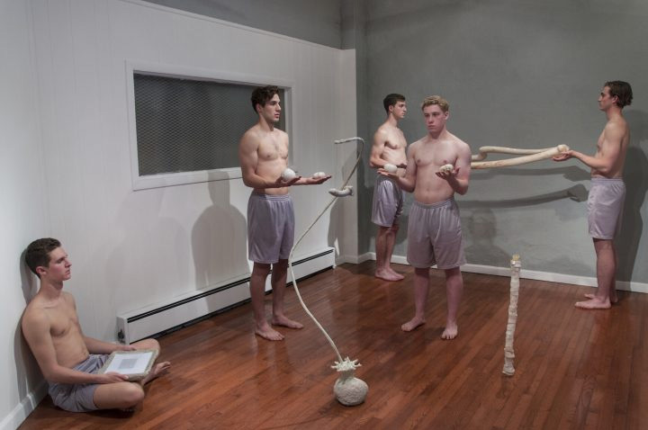 shows a live performance titled "an elegy for Marco" (2016) by artist Catalina Ouyang at the Millitzer Gallery in St. Louis