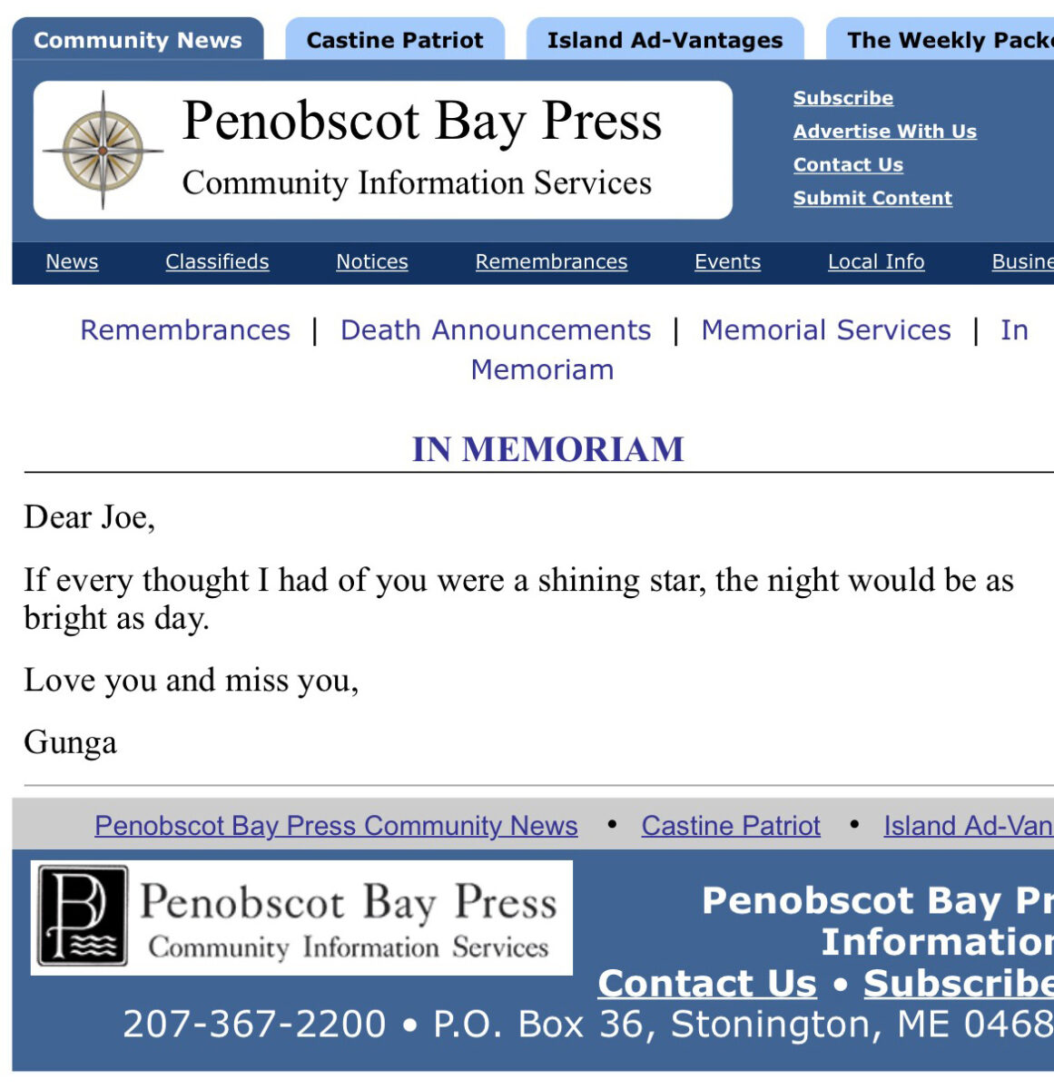 In Memoriam website with a letter starting with Dear Joe