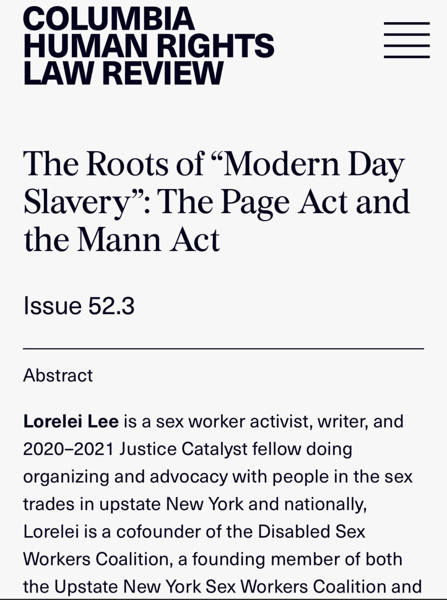 a Columbia Human Rights Law Review article with the headline "The Roots of "Modern Day Slavery": The Page Act and the Mann Act"