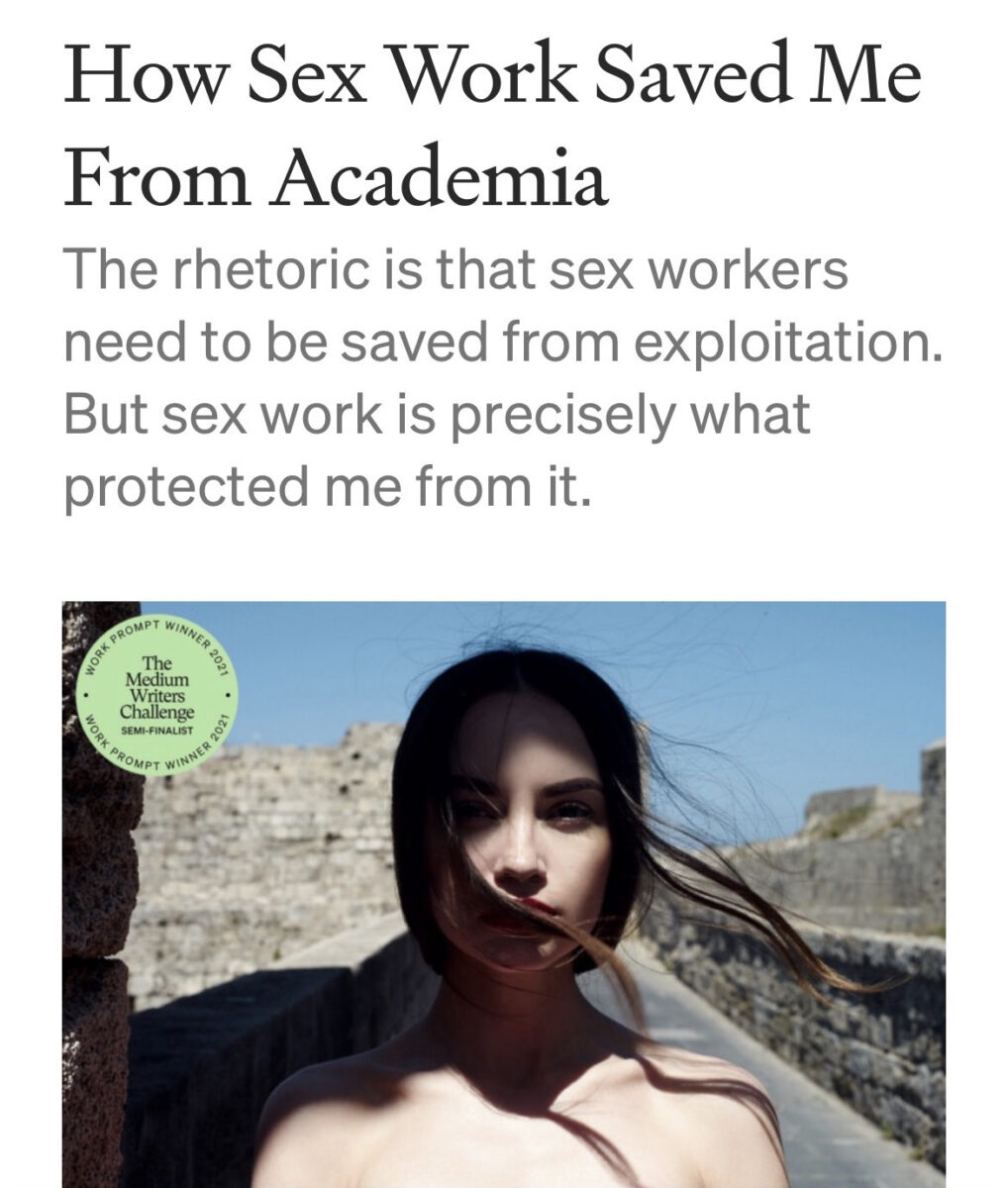 a woman standing half in the shadows on a castle wall beneath a headline that reads "How Sex Work Saved Me From Academia"