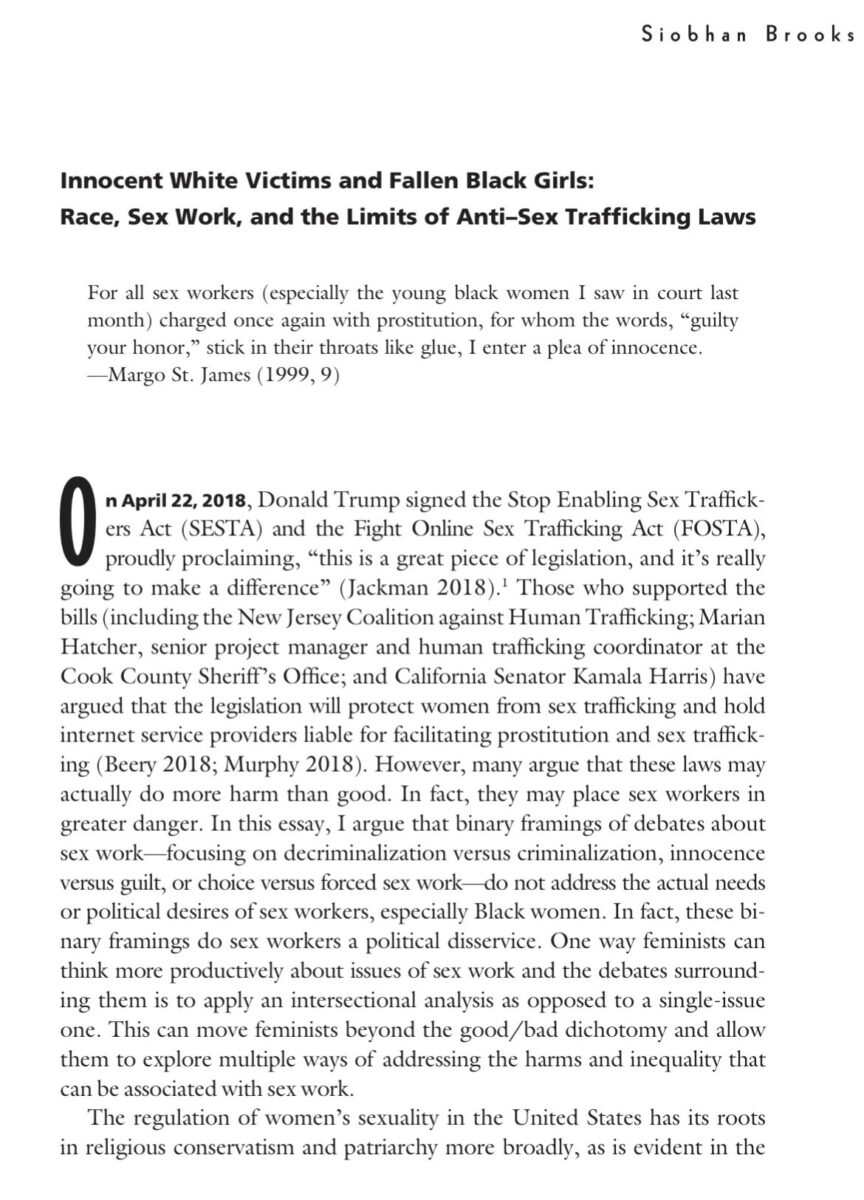 article by Siobahn Brooks with the title "Innocent White Victims and Fallen Black Girls: Race, Sex Work, and the Limits of Anti–Sex Trafficking Laws"