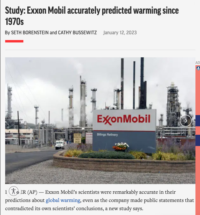 ExxonMobil sign in front of an oil refinery beneath a headline that reads "Study: Exxon Mobil accurately predicted warming since 1970s"