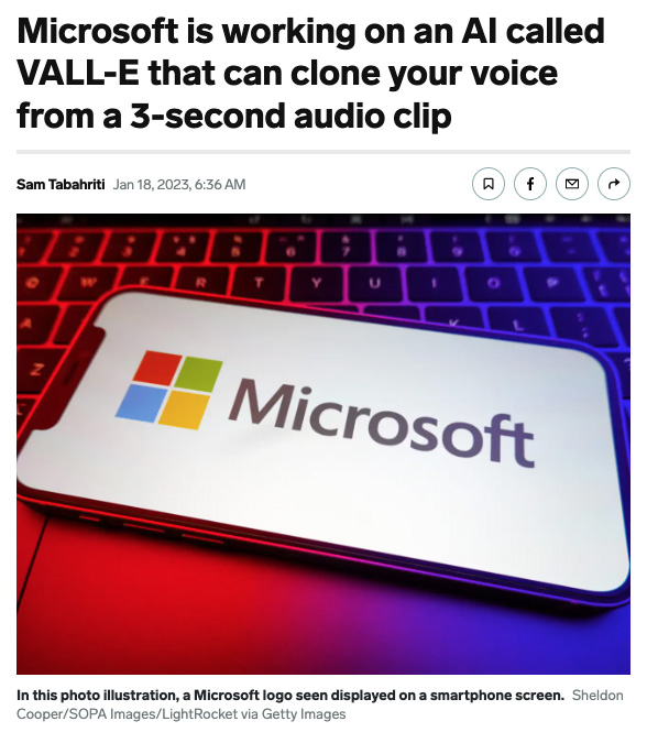a Microsoft logo seen displayed on a smartphone screen beneath a headline that reads "Microsoft is working on an Al called VALL-E that can clone your voice from a 3-second audio clip"