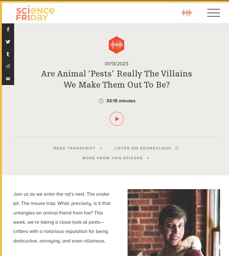 a short haired woman with a white rat on her shoulder beneath a headline that reads "Are Animal 'Pests' Really The Villains We Make Them Out To Be?"