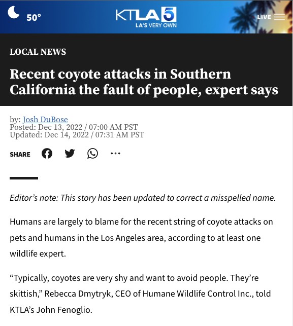 KTLA headline that reads "Recent coyote attacks in Southern California the fault of people, expert says"
