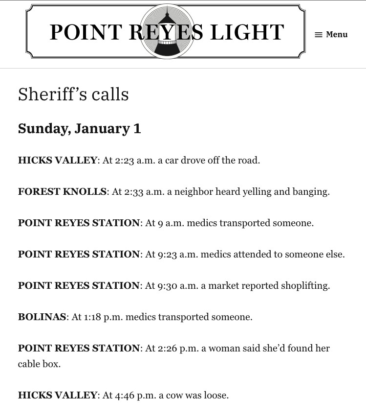 Point Reyes Light Sheriff Calls from Sunday, January 1