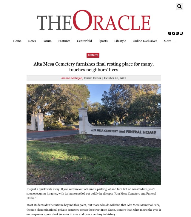 exterior of the Alta Mesa Cemetery and Funeral Home beneath a headline that reads "Alta Mesa Cemetery furnishes final resting place for many, touches neighbors lives"