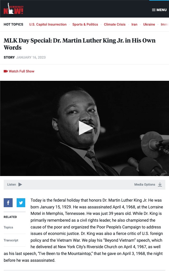 Martin Luther King beneath a headline that reads "MLK Day Special: Dr. Martin Luther King Jr. in His Own Words"