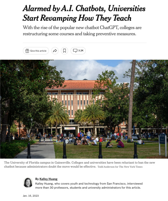University of Florida campus beneath a headline that reads "Alarmed by A.I. Chatbots, Universities Start Revamping How They Teach"