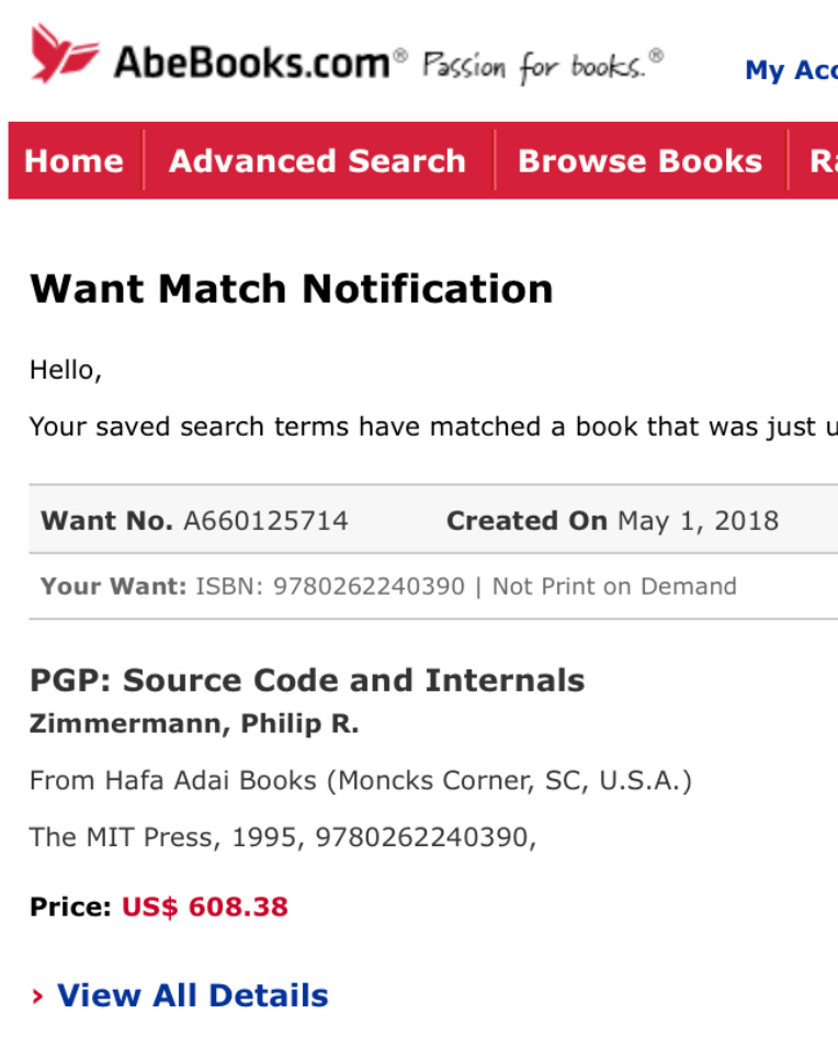 an email from AbeBooks.com of a Want Match Notification