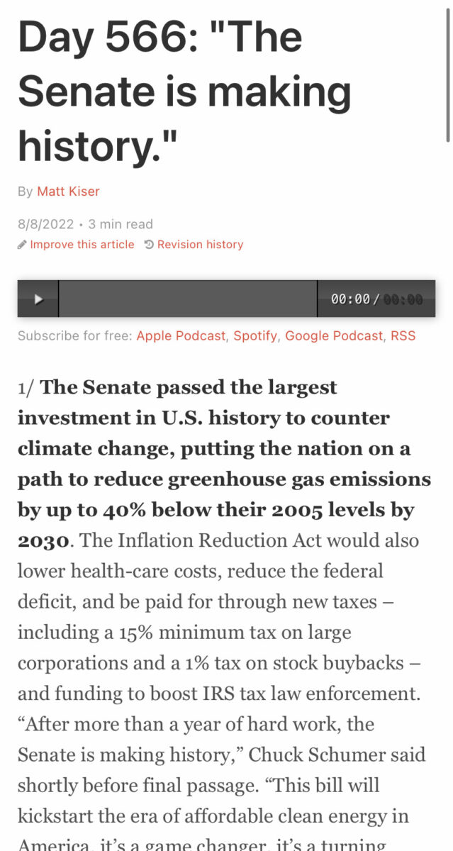 screenshot of a news story with the headline "Day 566: 'The Senate is making history'"