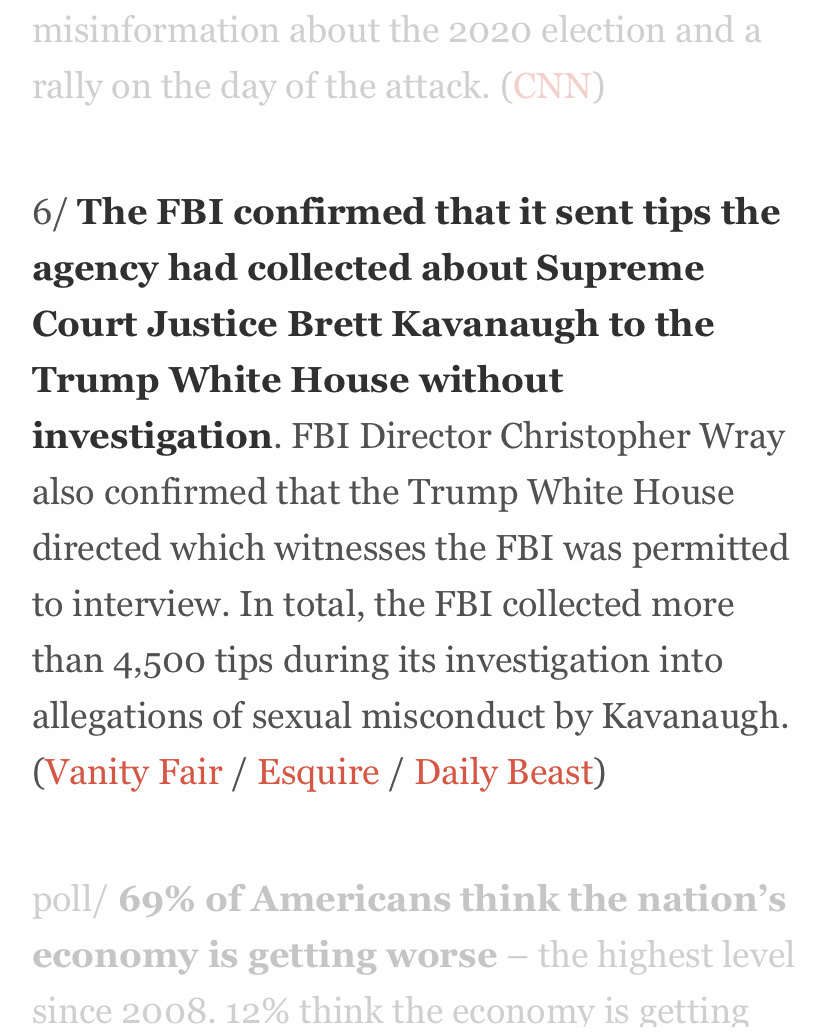 headline that reads "The FBI confirmed that it sent tips the agency had collected about Supreme Court Justice Brett Kavanaugh to the Trump White House without investigation."