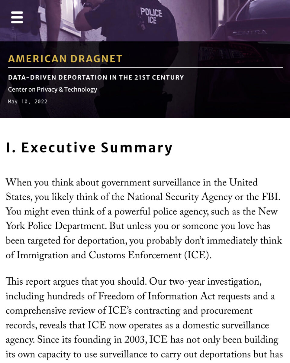 ICE agent's back above a headline that reads "American Dragnet: Data-Driven Deportation in the 21st Century"