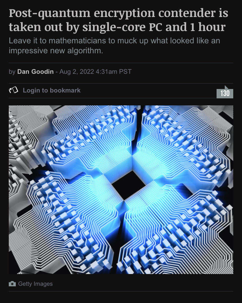 graphic image of a computer chip glowing blue beneath a headline that reads "Post-quantum encryption contender is taken out by single-core PC and 1 hour"