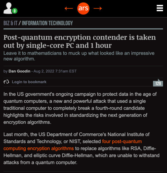 headline that reads "Post-quantum encryption contender is taken out by single-core PC and 1 hour"
