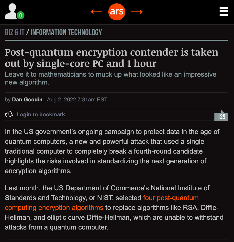 headline that reads "Post-quantum encryption contender is taken out by single-core PC and 1 hour"