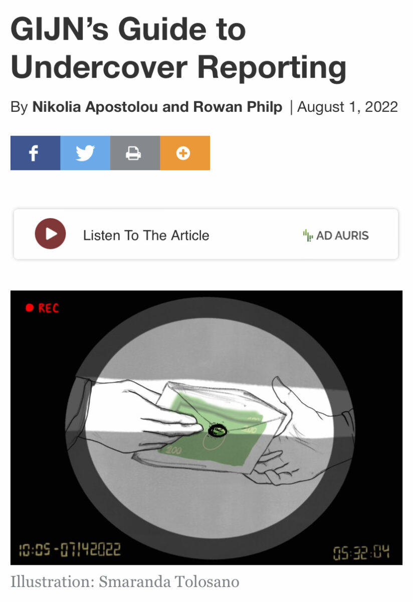 an illustration of a hand passing an envelope with money visibile inside it to another hand, beneath a headline that reads "GIJN’s Guide to Undercover Reporting"