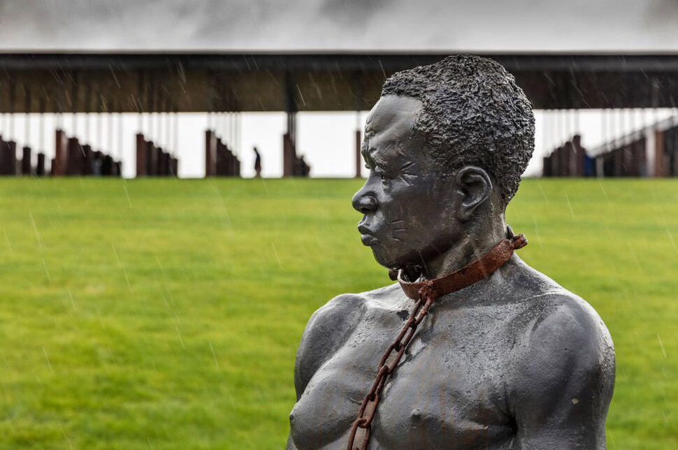 Kwame Akoto-Bamfo's 'Nkyinkim' sculpture, dedicated to the memory of the victims of the Transatlantic slave trade, stands at the entrance of the National Memorial for Peace And Justice in Montgomery, Alabama Photo by Barry Lewis