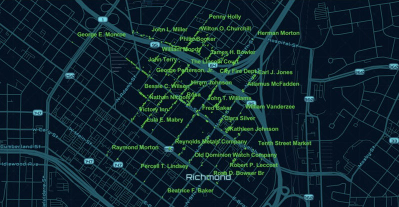 A map of displaced people and places from Gray-Sparks’ Planned Destruction project, by LaToya Gray-Sparks