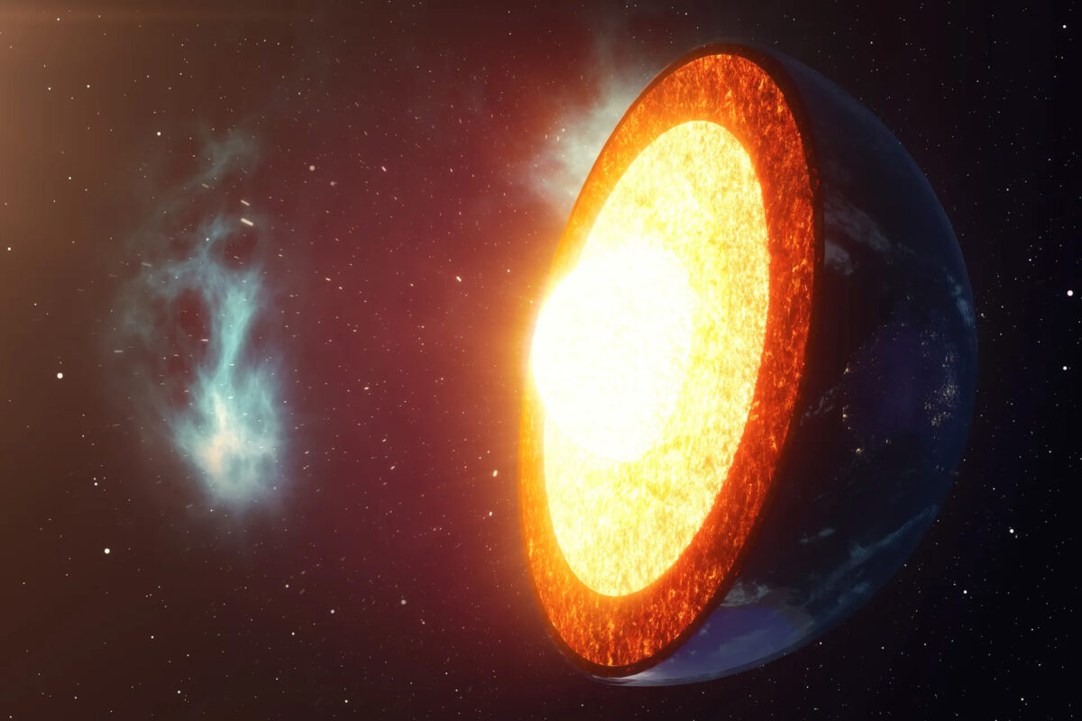 An illustration shows the internal layers and cross-section of Earth, highlighting its blazing-hot core