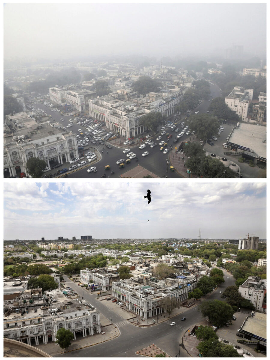 Aerial view of New Delhi on Nov. 1, 2020 (top) and again in April, 2020 (bottom)
