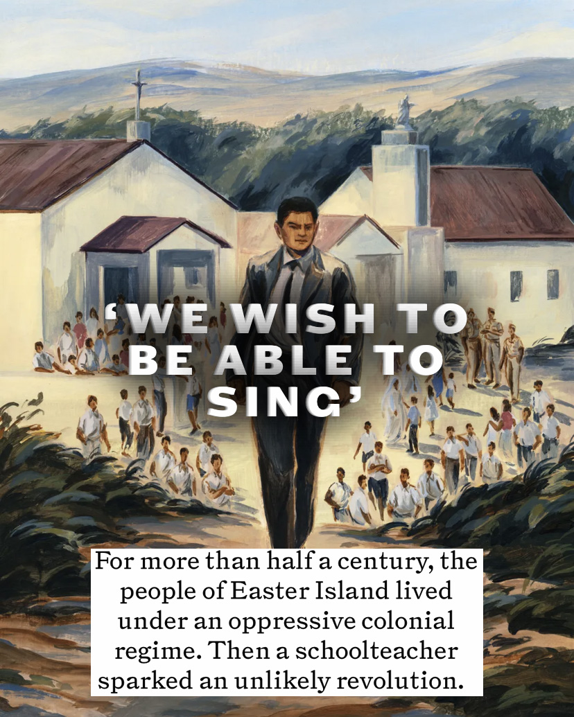 an illustration of a man in a suit standing in front of an island church