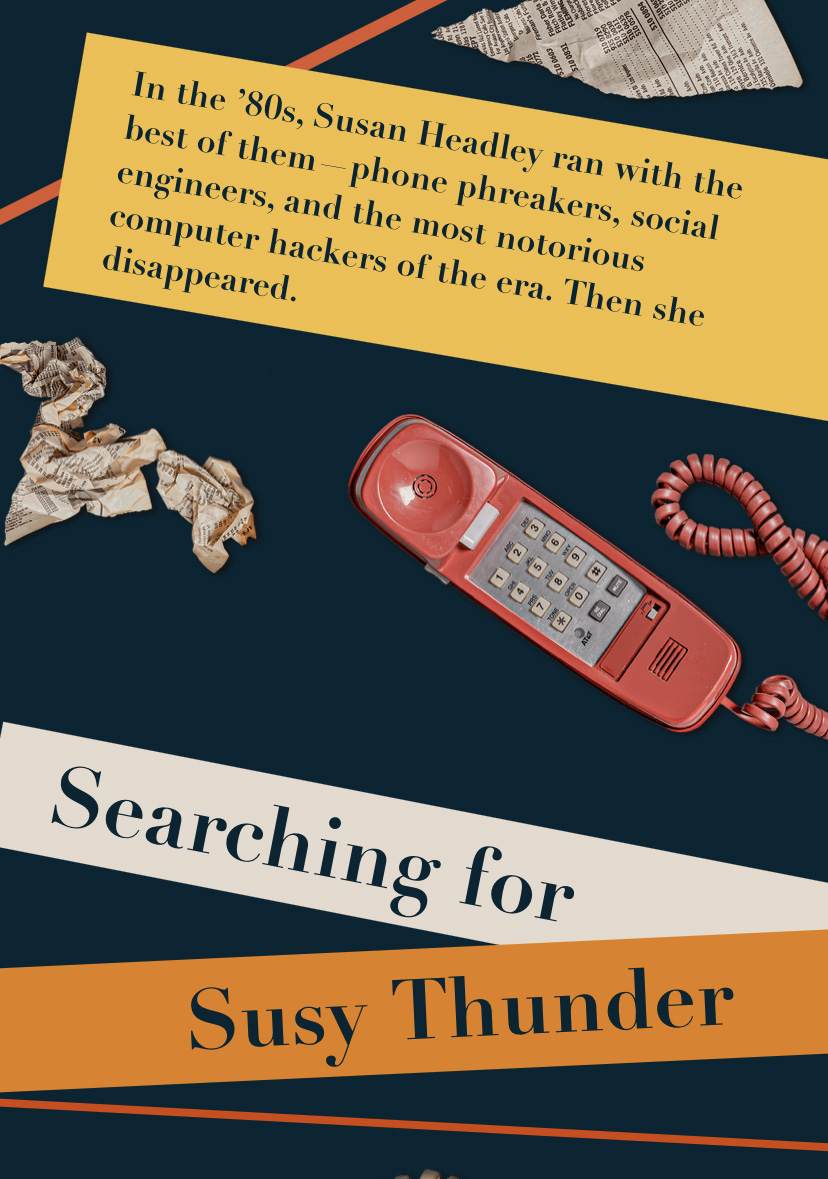 illustration of a phone with the headline "Searching for Susan Thunder" at the bottom